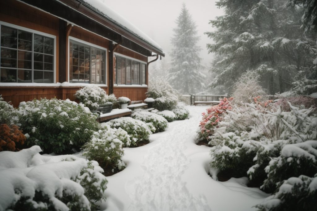 a beautiful snow-covered garden in Gig Harbor WA