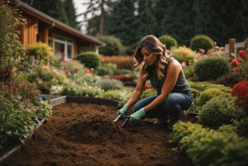 woman mulching a gig harbor wa garden