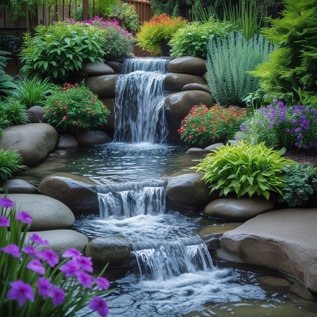 A peacefully cascading waterfall in a Seattle backyard oasis
